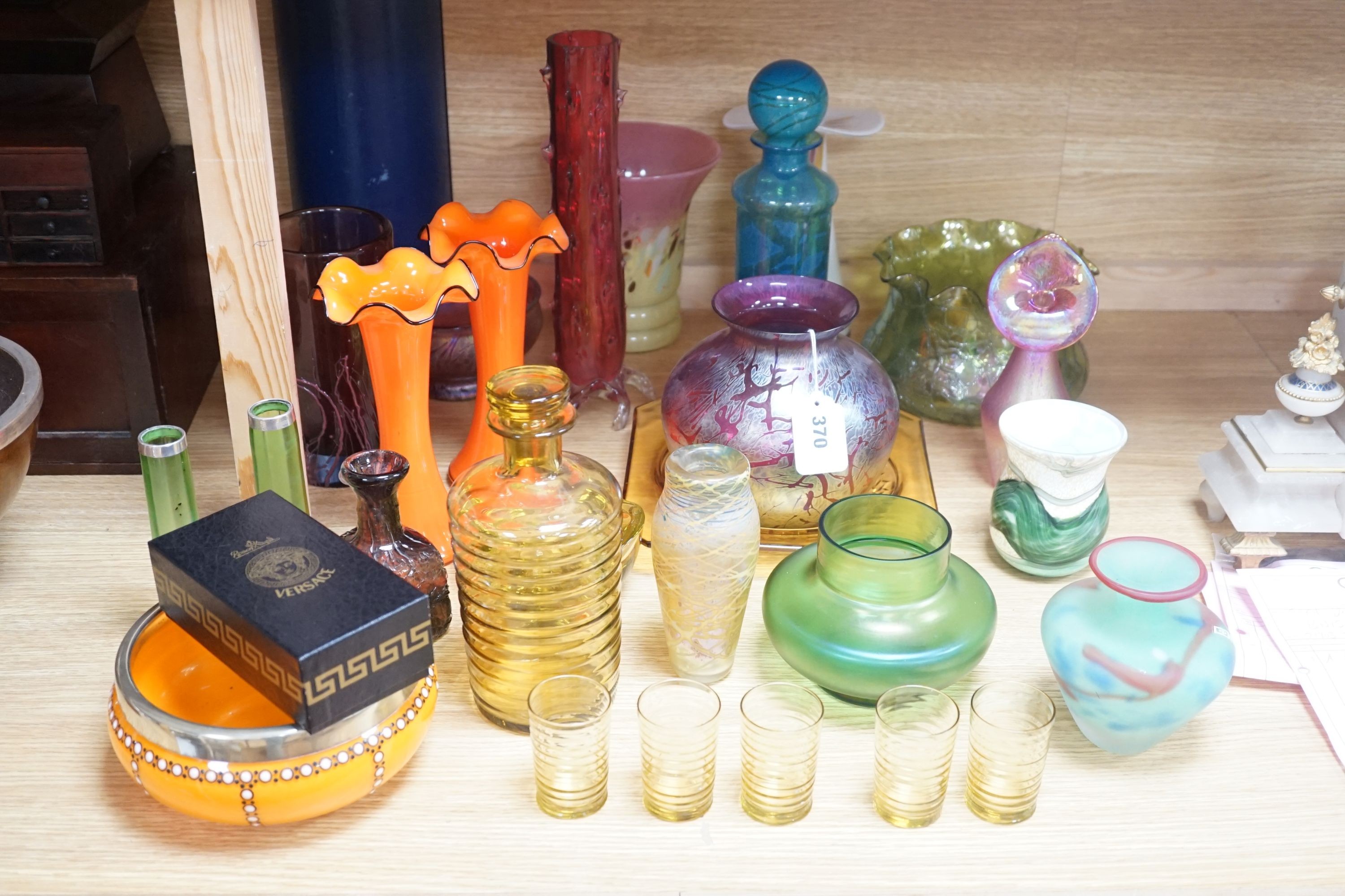 A group of coloured and lustre glass including Mdina, Rosenthal for Versace, Royal Brierley, Maltese glass etc.